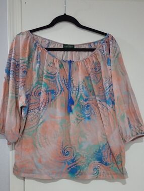 Ralph Lauren Coral Blue Mint Off-Shoulder Peasant Blouse